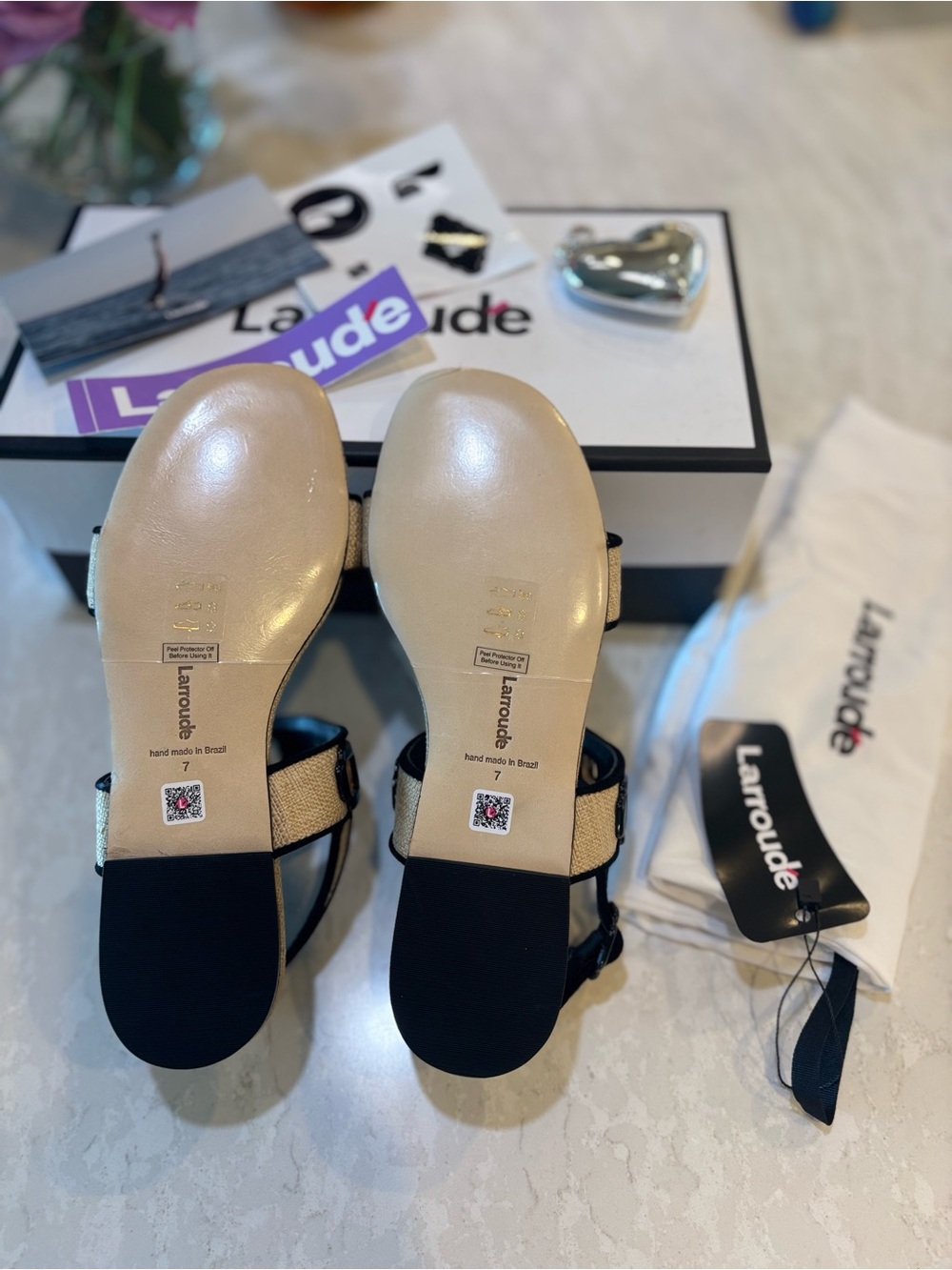 Larroude Milan Flat Sandal In Beige Raffia and Black Trimming - Picture 11 of 11